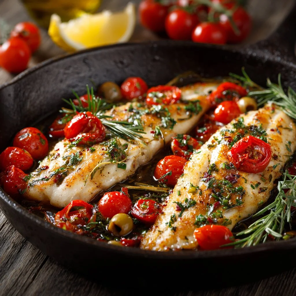 Delicious Mediterranean baked fish with herbs and lemon on a plate