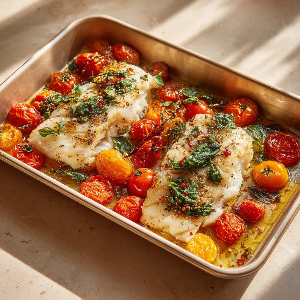 Mediterranean baked fish with tomatoes served on a plate