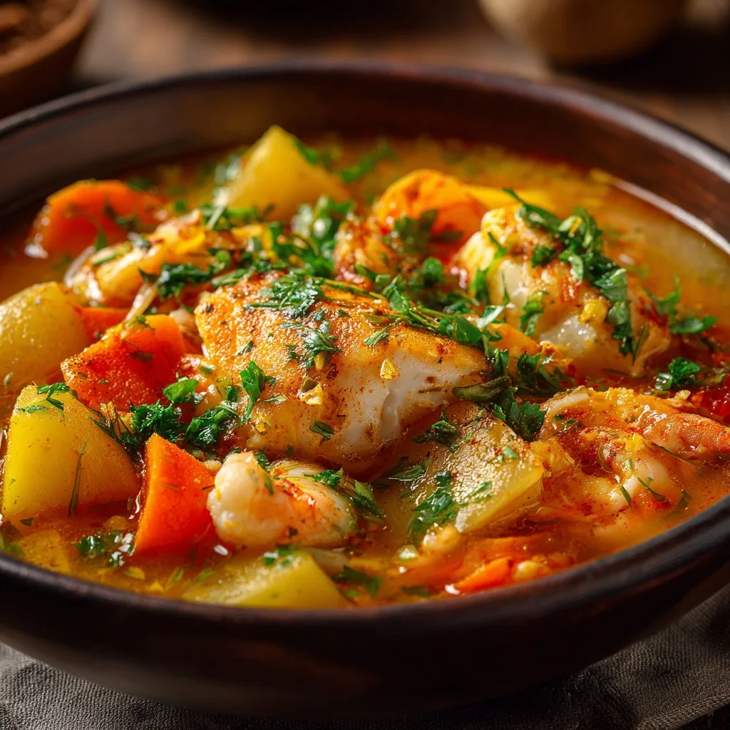 A bowl of Mediterranean Fish Stew garnished with fresh herbs and vegetables.