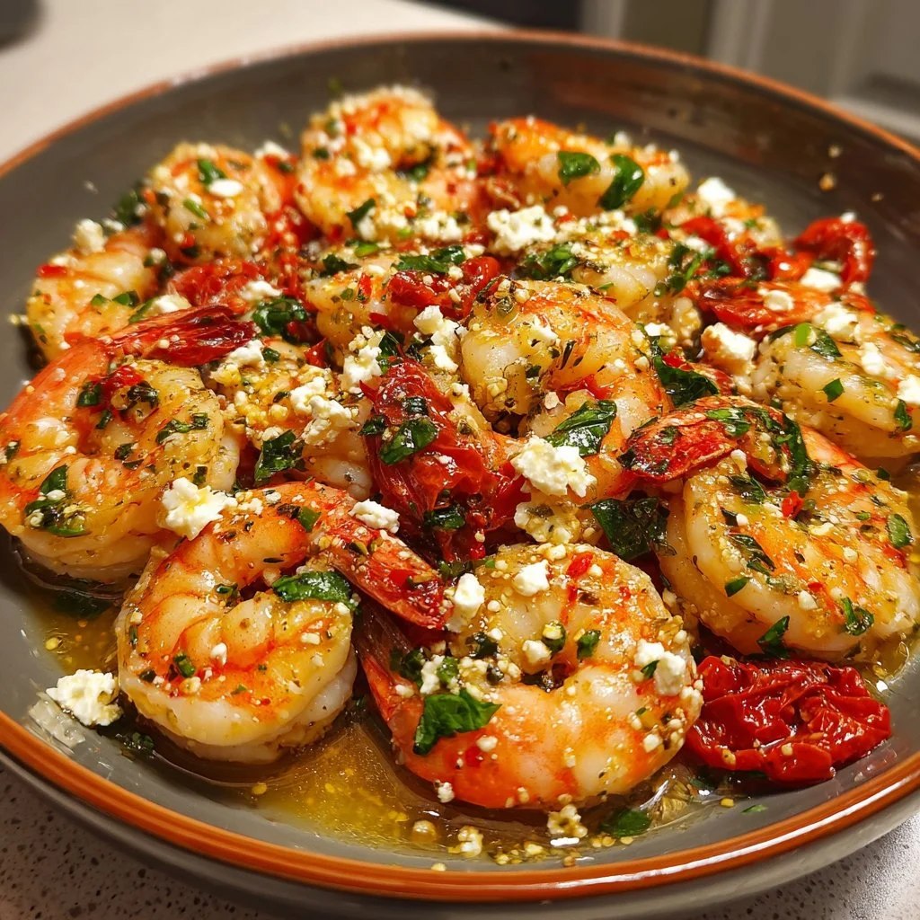Mediterranean shrimp with feta cheese served with vegetables.