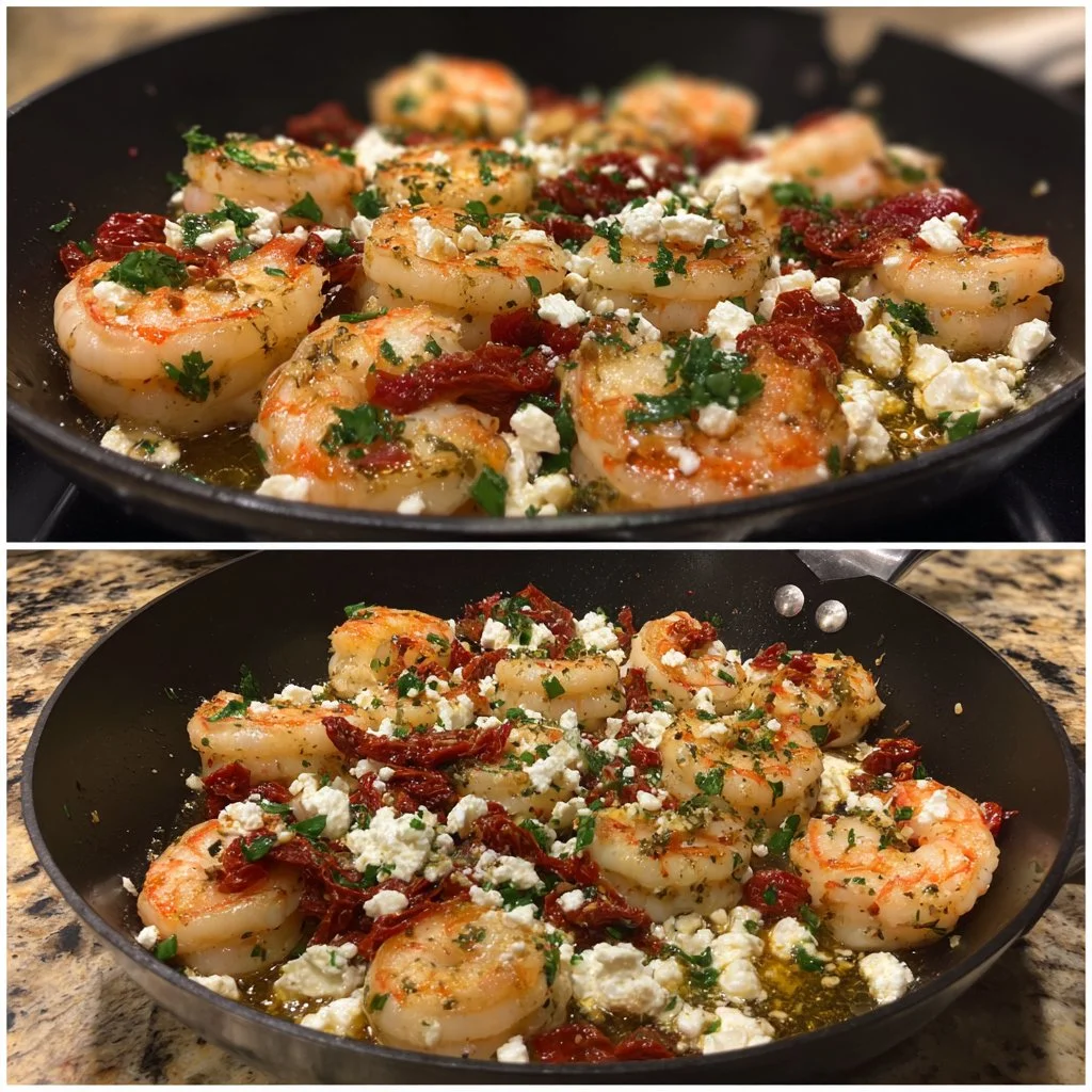 Plate of Mediterranean shrimp and feta garnished with herbs
