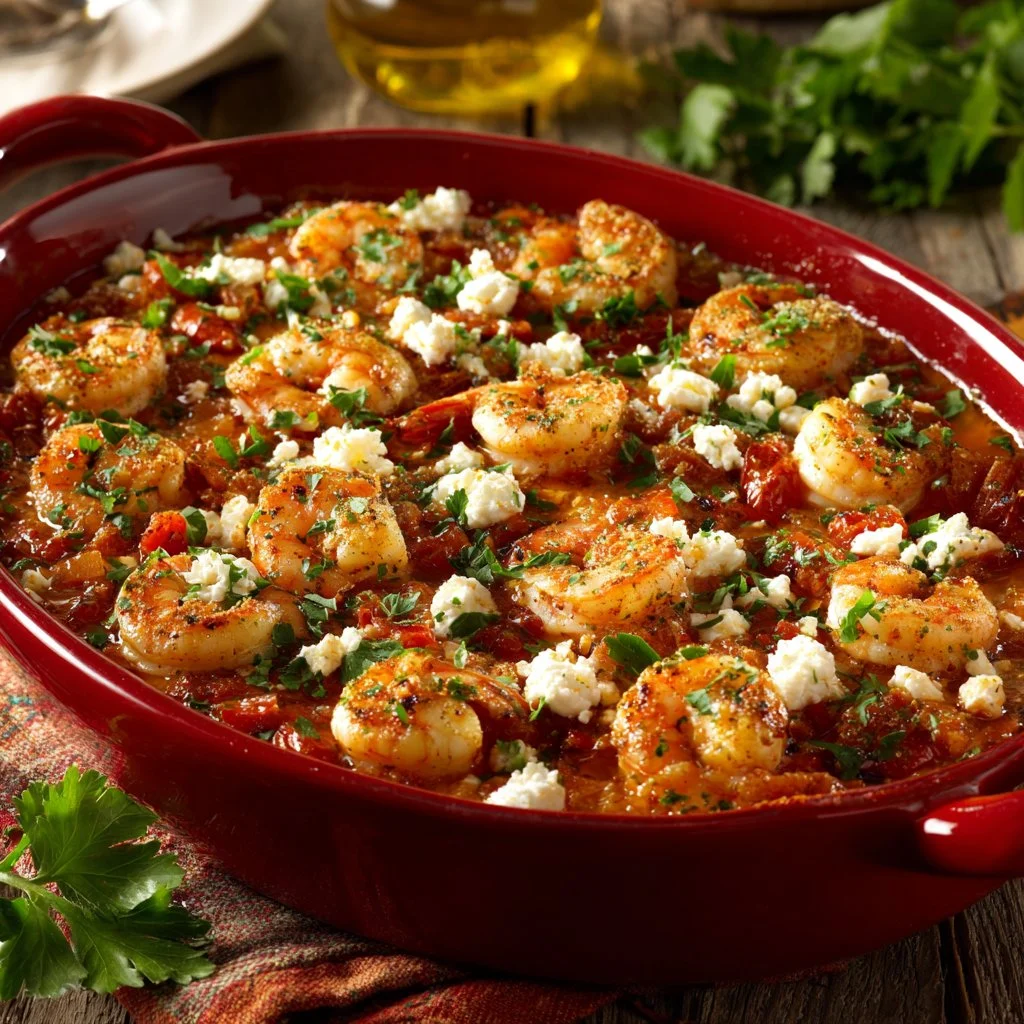 Mediterranean shrimp and feta dish garnished with herbs on a plate.