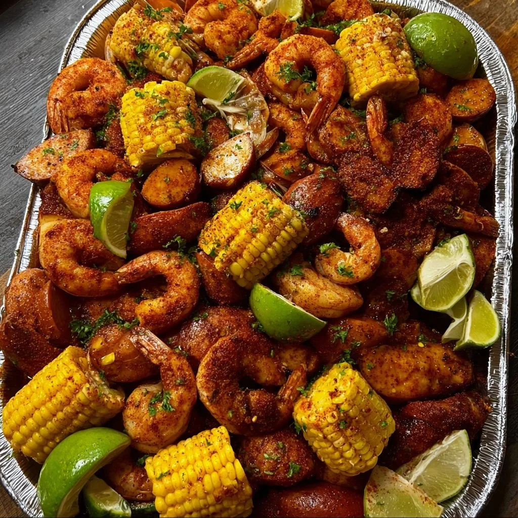 A colorful Mexican seafood boil with shrimp, crab, and spices in a large pot.