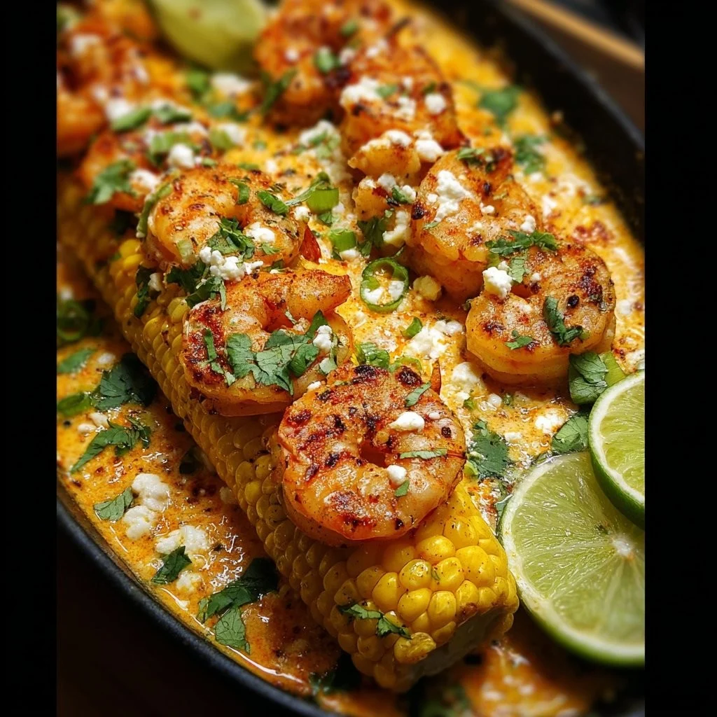 Delicious Mexican street corn with shrimp and creamy feta cheese sauce