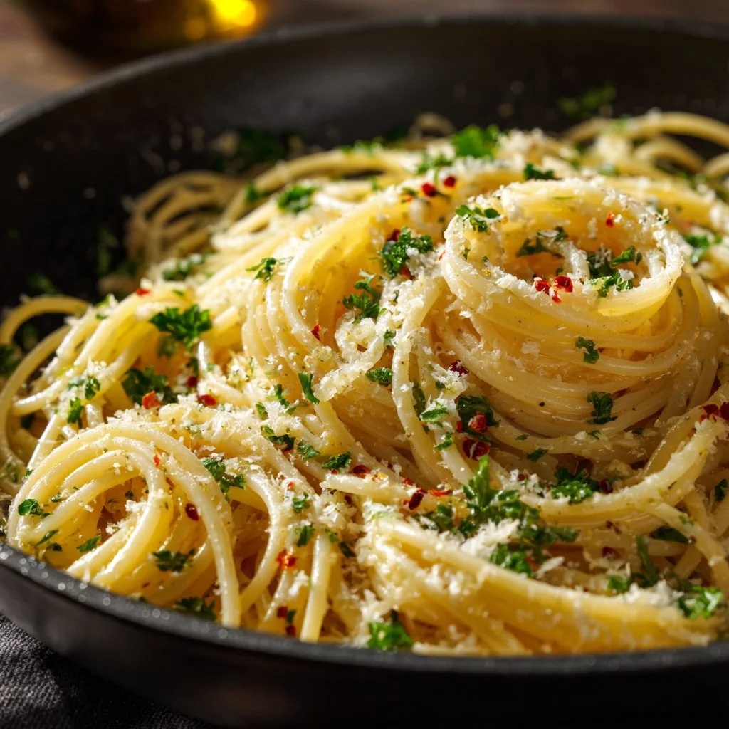 A bowl of delicious Midnight Pasta garnished with herbs and cheese.