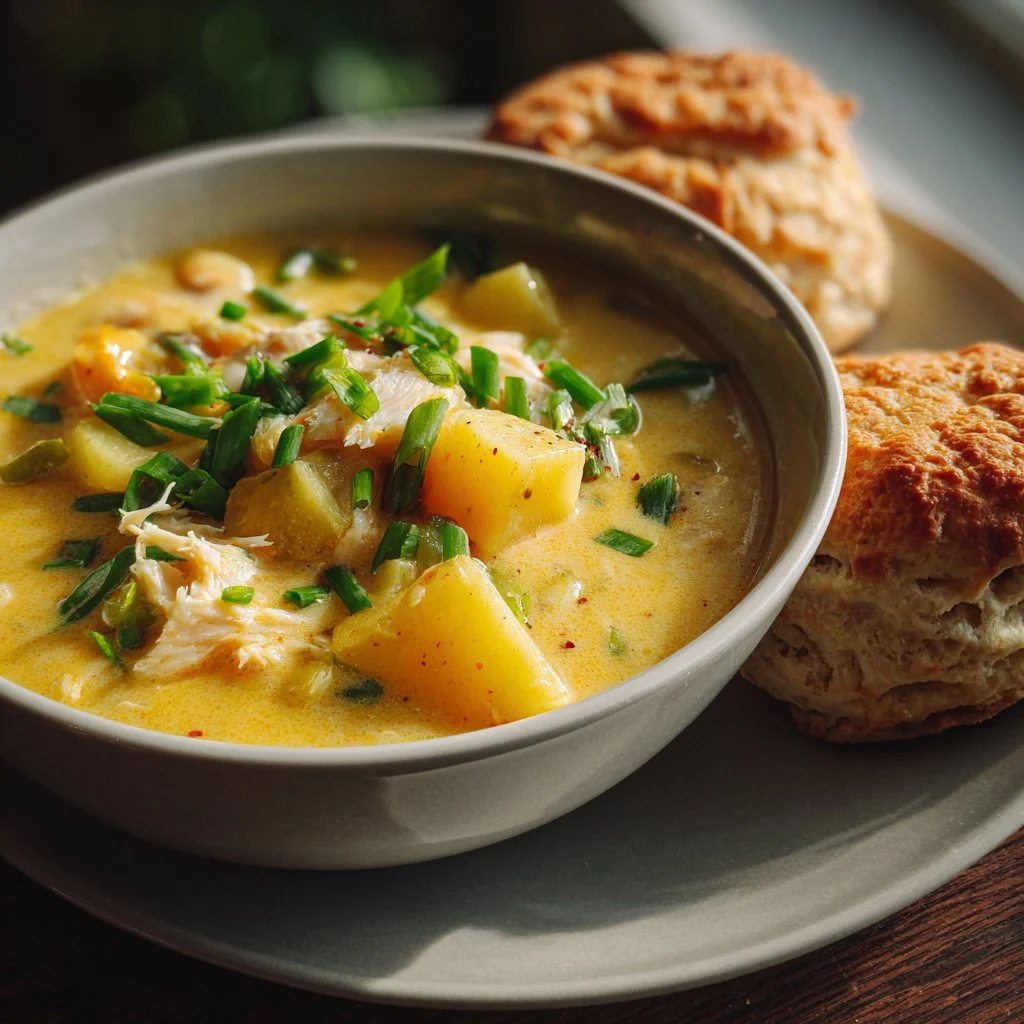 Bowl of creamy New England Fish Chowder topped with herbs and served with bread.