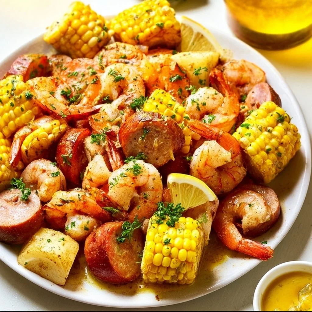 A vibrant Old Bay shrimp boil with corn, potatoes, and spices arranged on a table.