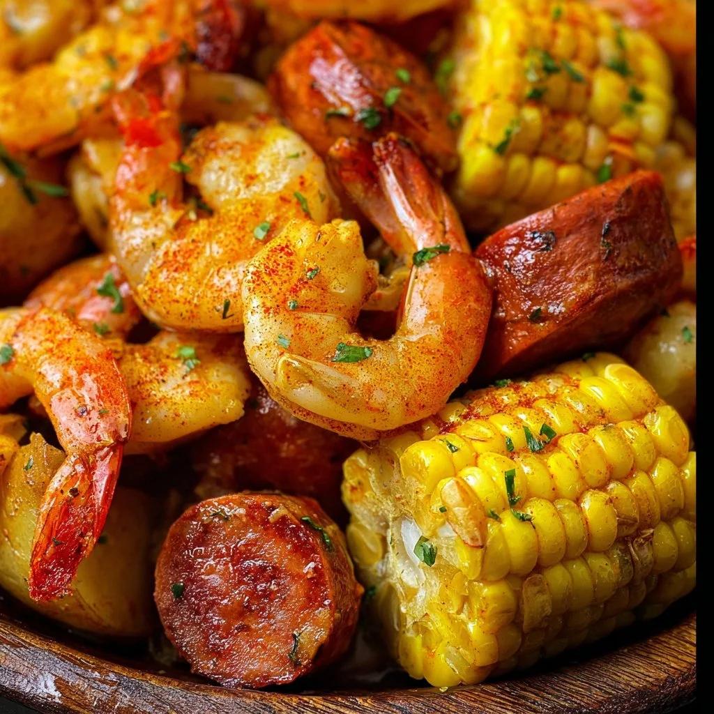 Delicious Old Bay shrimp boil with corn, potatoes, and seasonings in a large pot.
