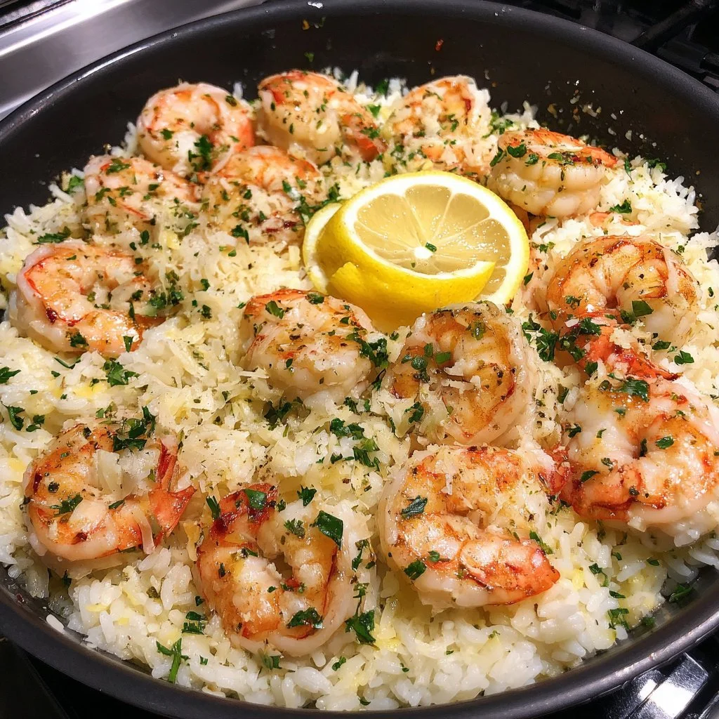 One-Pan Creamy Garlic Butter Shrimp served with rice in a skillet