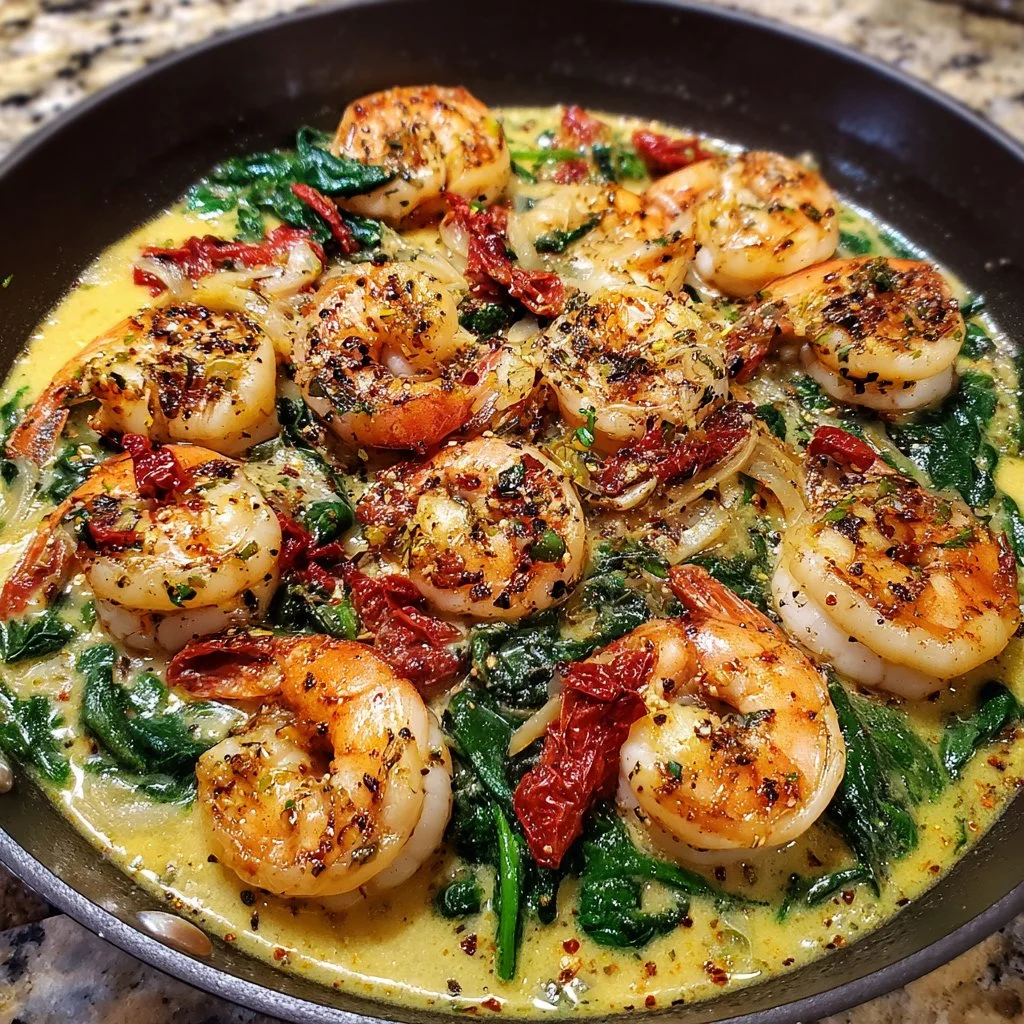 One Pan Creamy Garlic Shrimp served with garlic sauce and parsley garnish