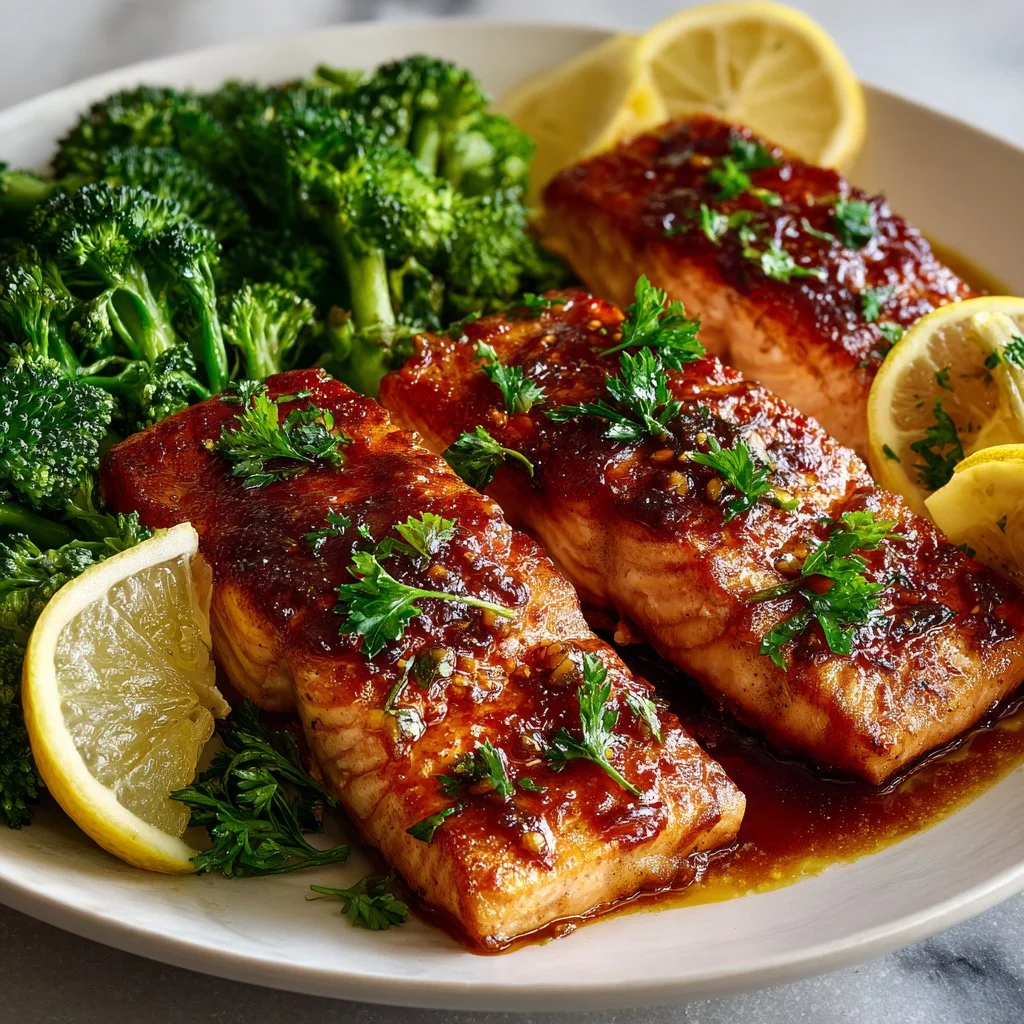 Oven baked salmon drizzled with honey dijon sauce on a plate