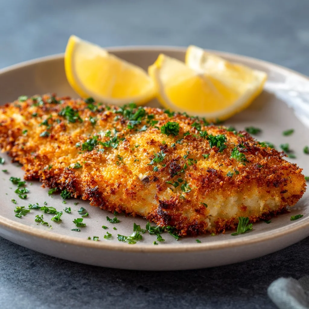 Delicious Parmesan Baked Fish served on a plate with herbs