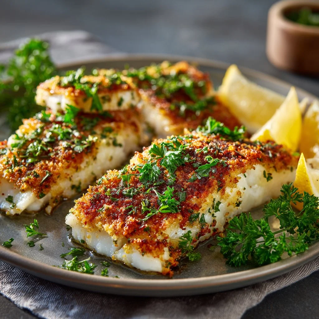 Delicious Parmesan-Crusted Baked White Fish on a plate