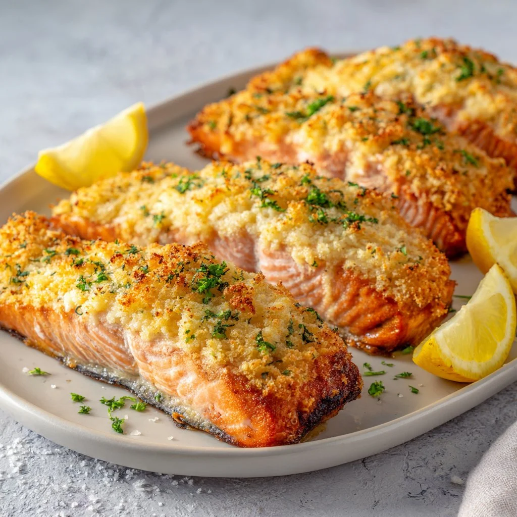 Delicious Parmesan Crusted Salmon served with a side of vegetables.