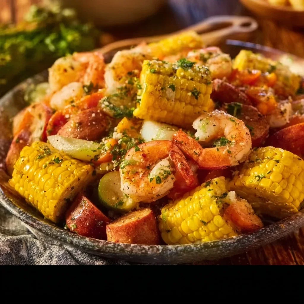 A vibrant seafood boil featuring shrimp, corn, and potatoes, perfect for dinner.