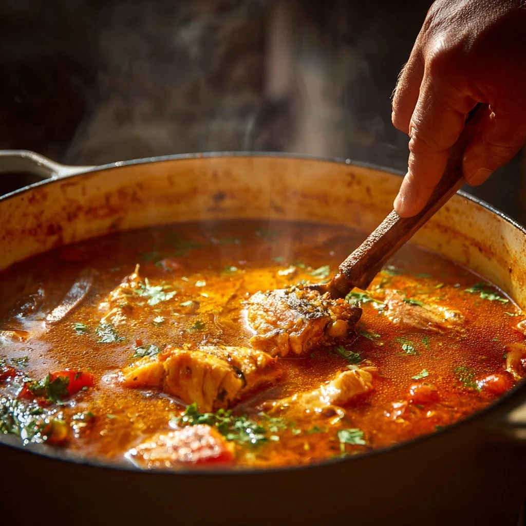 Bowl of Portuguese seafood soup with fresh ingredients and spices.