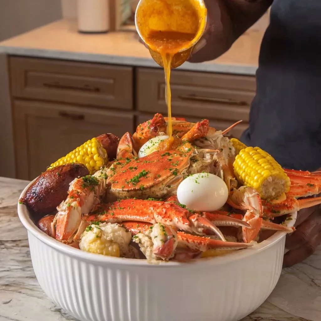 A colorful seafood boil featuring shrimp, crab, corn, and potatoes.