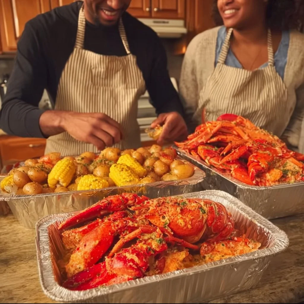 A colorful seafood boil featuring shrimp, crab, mussels, and vegetables in a large pot.