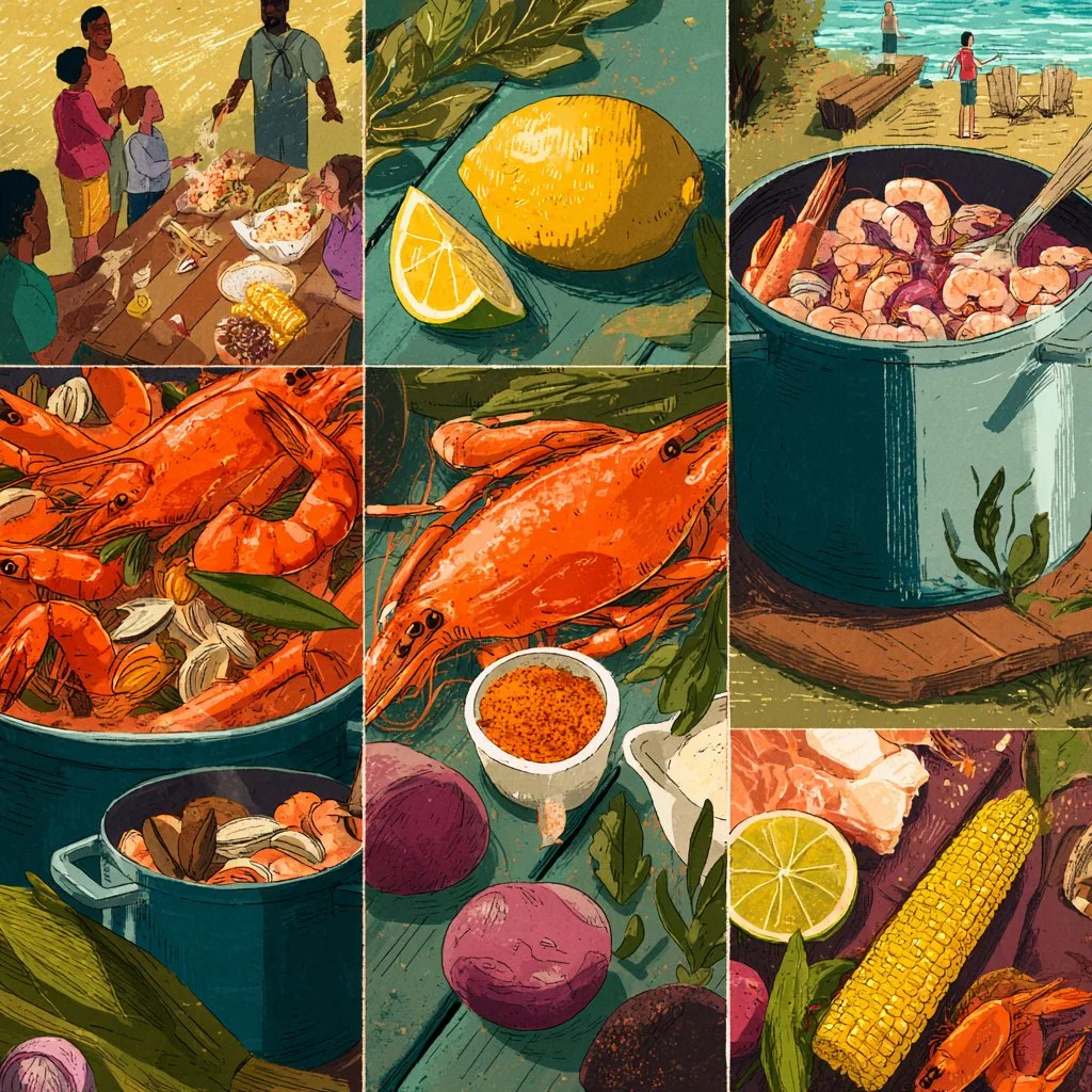 Delicious seafood boil with shrimp, crab, and corn served in a rustic setting.