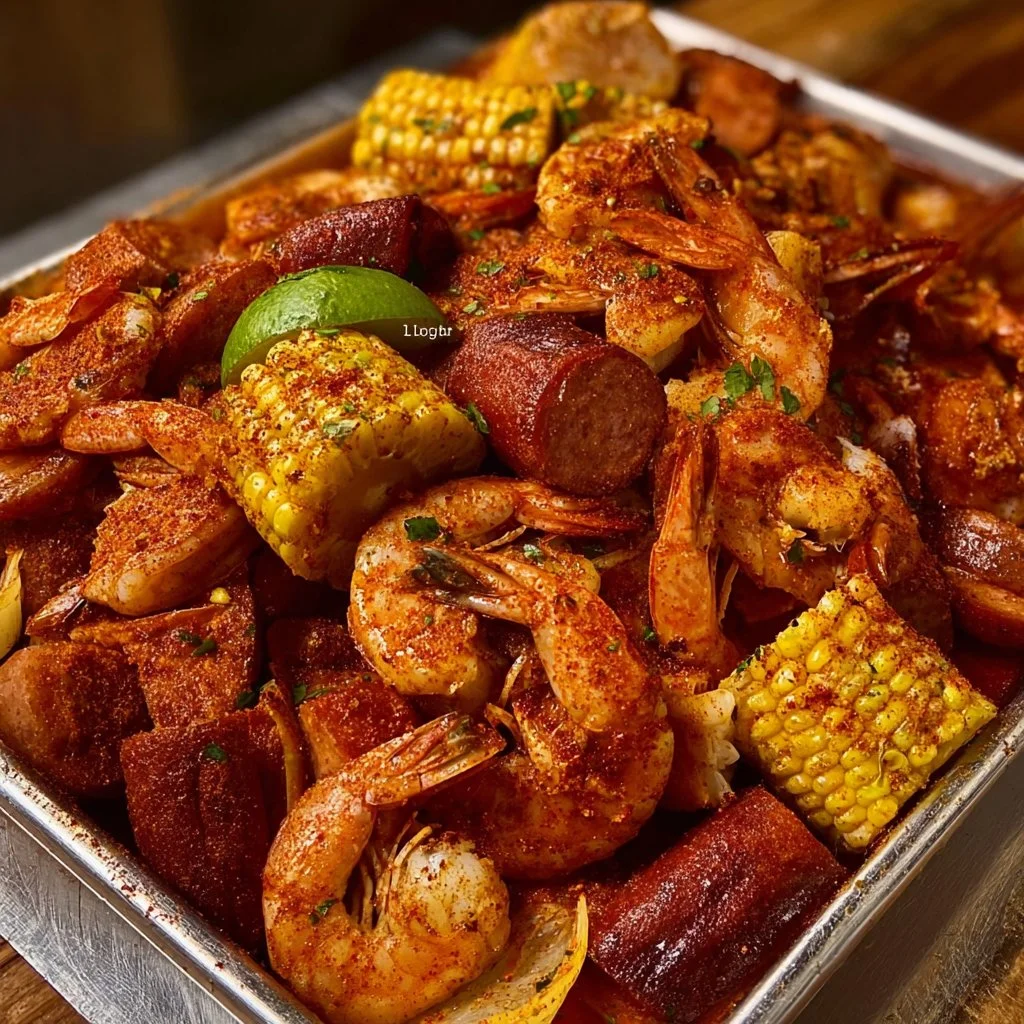 A delicious seafood boil featuring shrimp, crab, and spices served in a large pot.