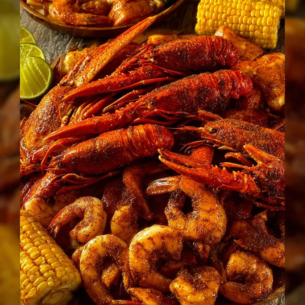 A colorful seafood boil with shrimp, crab, and vegetables in a large pot.