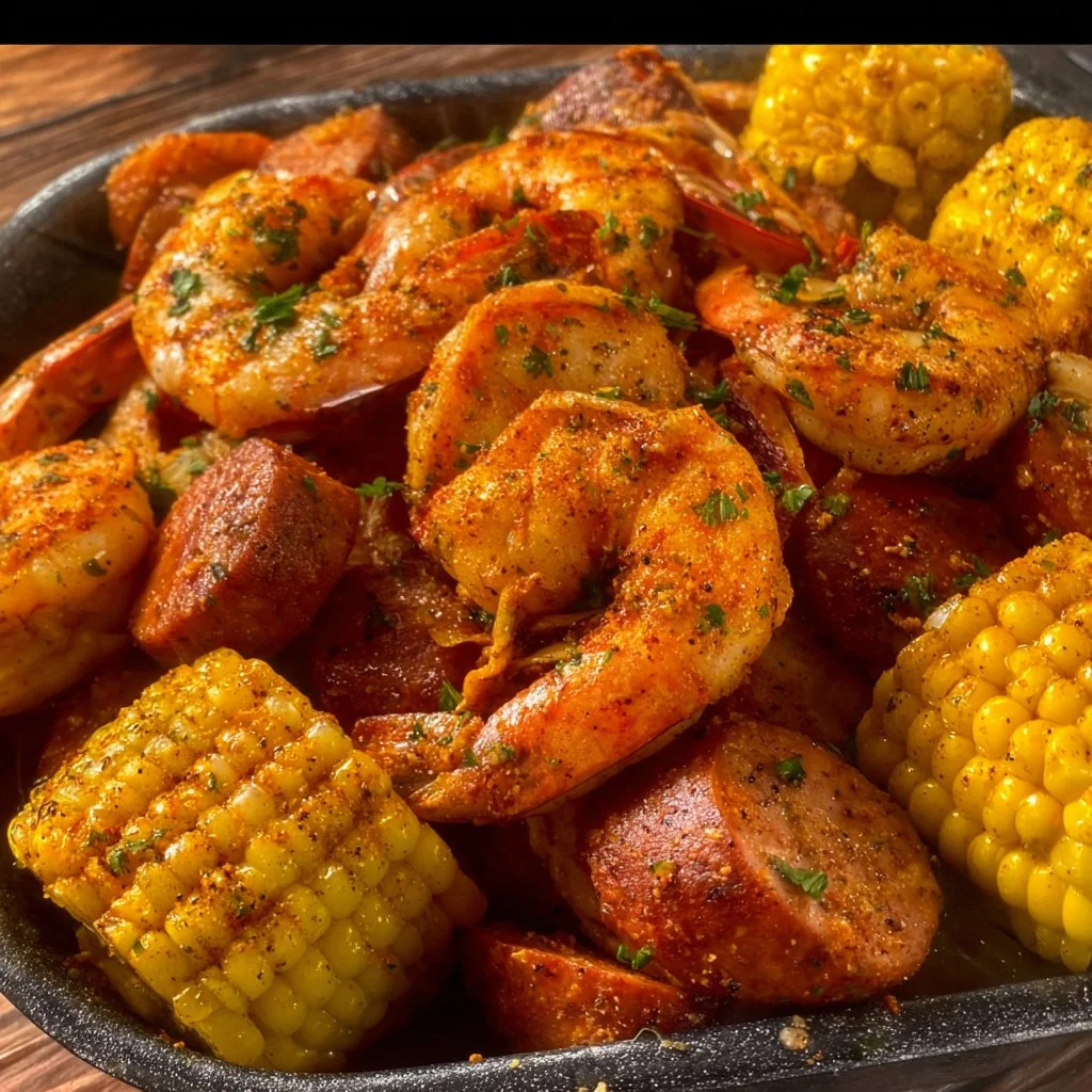 A delicious seafood boil featuring shrimp, crab, and a variety of spices.