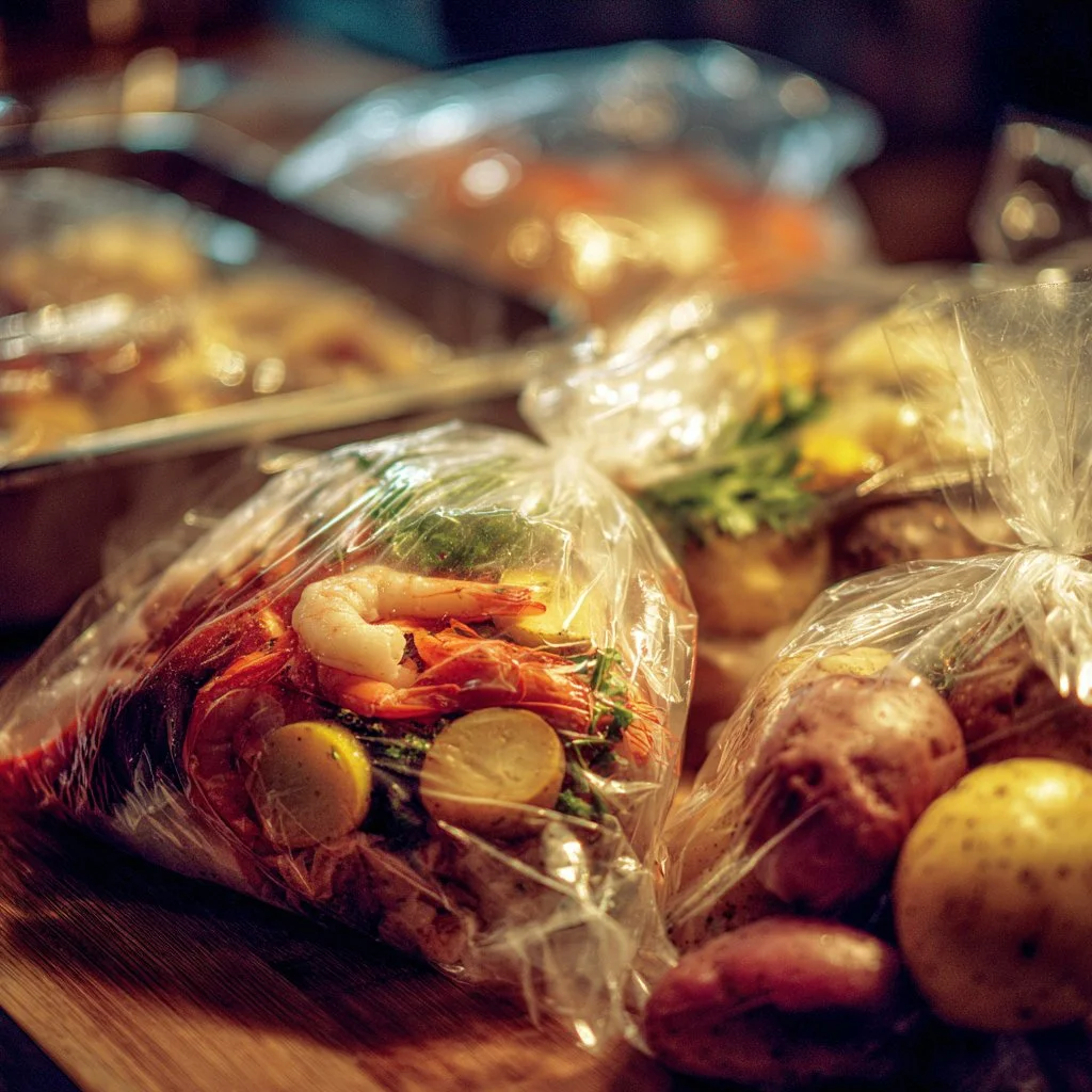Seafood boil bags filled with shrimp, crab, and corn for a perfect seafood feast.