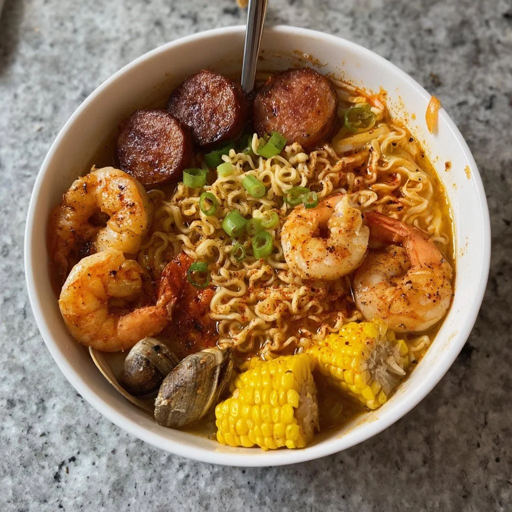 Delicious seafood boil ramen noodles topped with fresh seafood and herbs