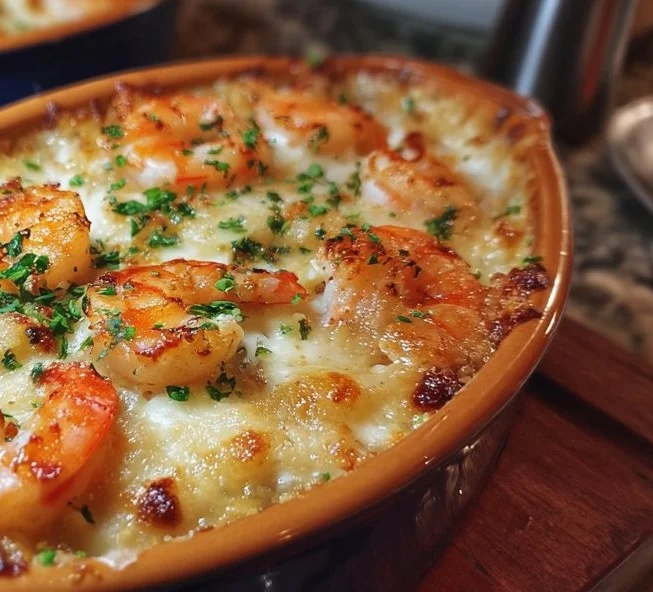 Delicious Seafood Gratin with shrimp, scallops, and creamy sauce baked to perfection