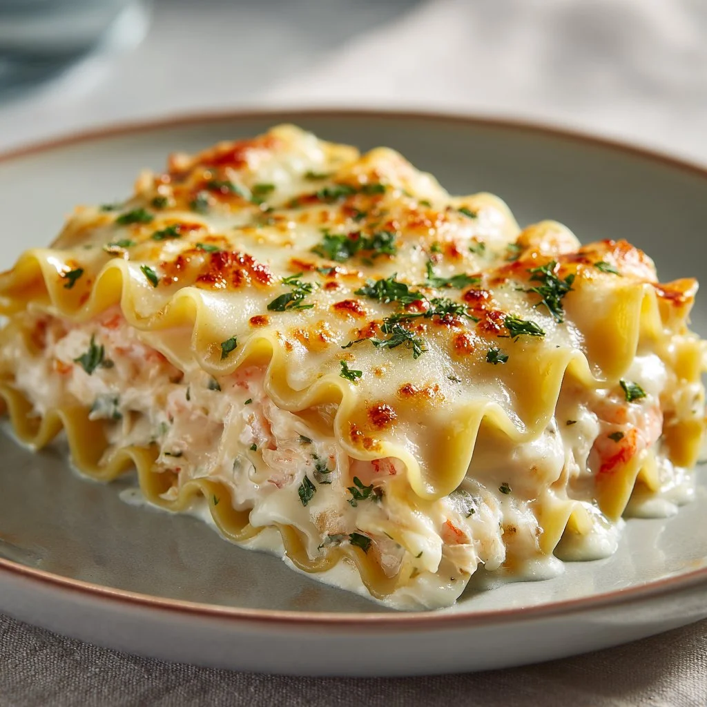 Delicious seafood lasagna roll-ups with shrimp and crab in creamy sauce