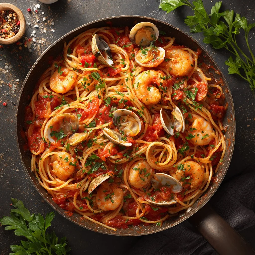 Delicious seafood pasta dish with shrimp, clams, and herbs