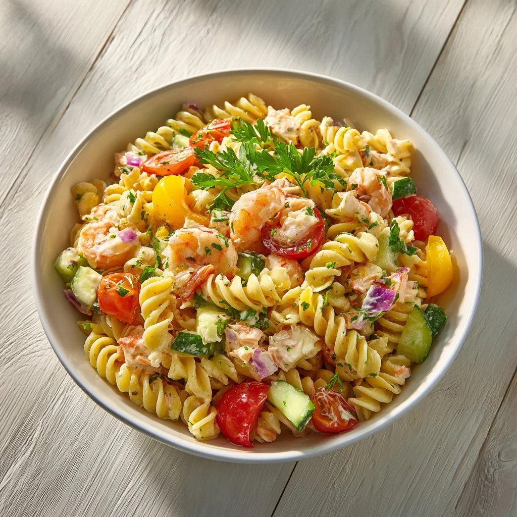 Delicious Seafood Pasta Salad with shrimp and vegetables