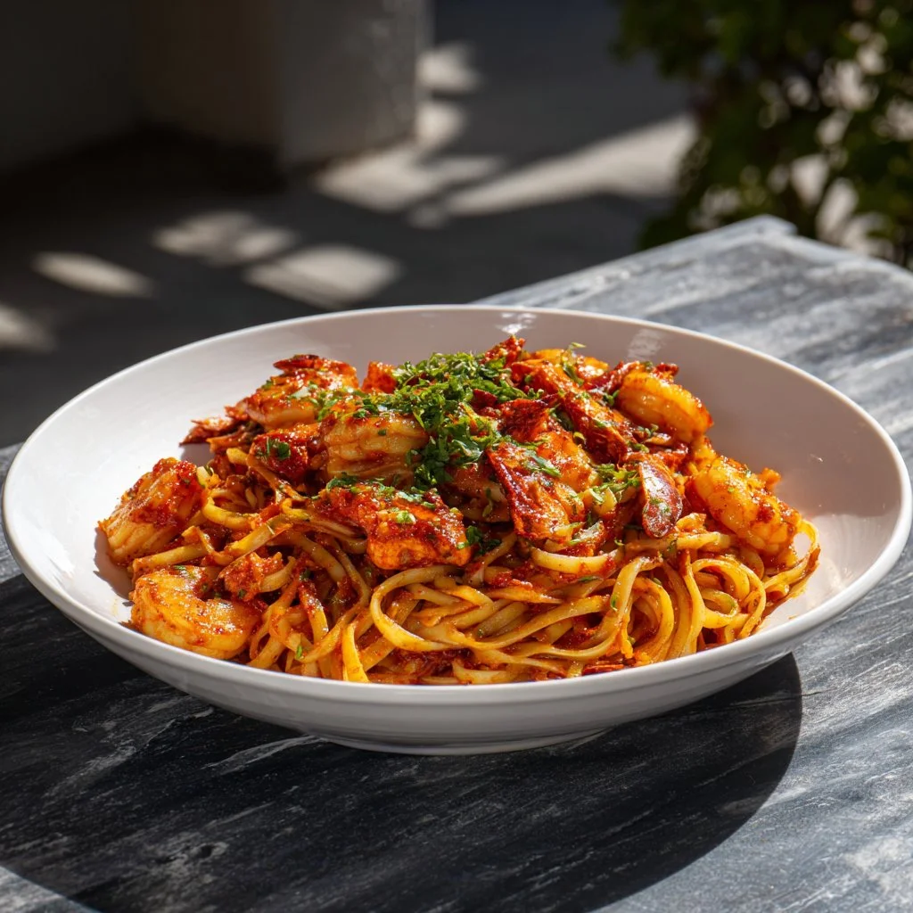 Plate of Seafood Pasta with Shrimp featuring fresh ingredients and herbs