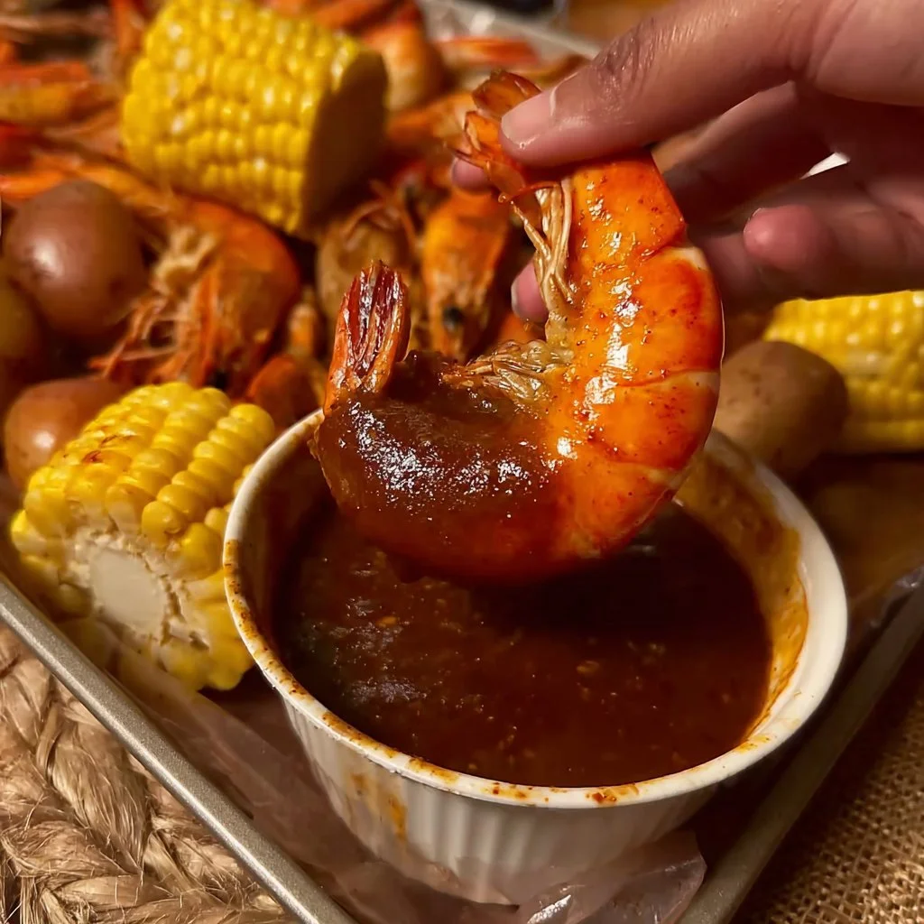 A colorful and flavorful shrimp boil with vegetables and spices.