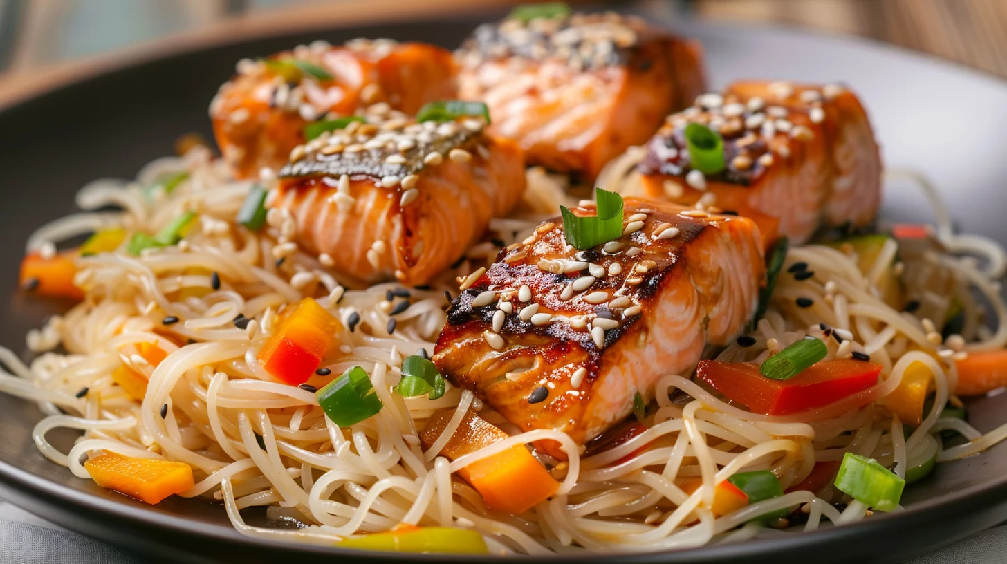Sesame Ginger Salmon Rice Noodles