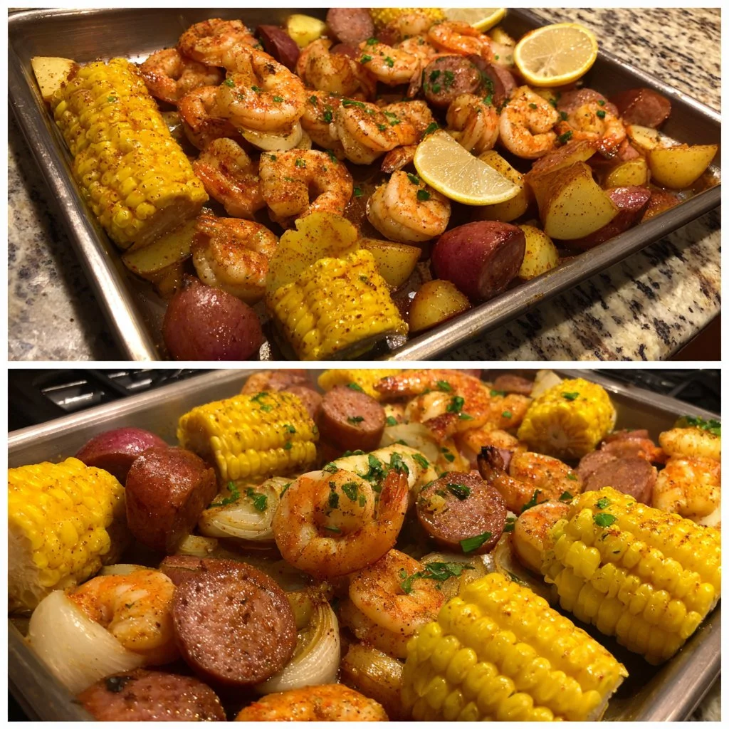 Sheet Pan Shrimp Boil with corn, potatoes, and seasoning on a baking tray