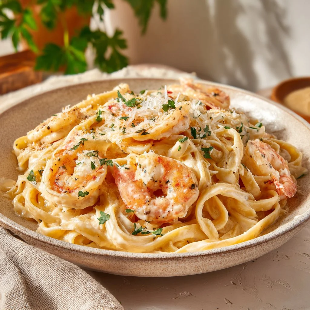 Creamy Shrimp Alfredo pasta dish garnished with parsley