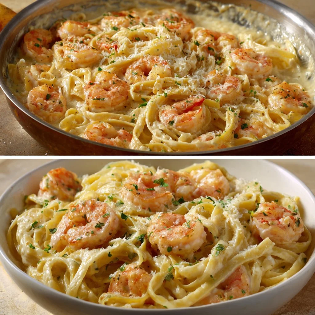 Delicious Shrimp Alfredo pasta with creamy sauce and shrimp on a plate