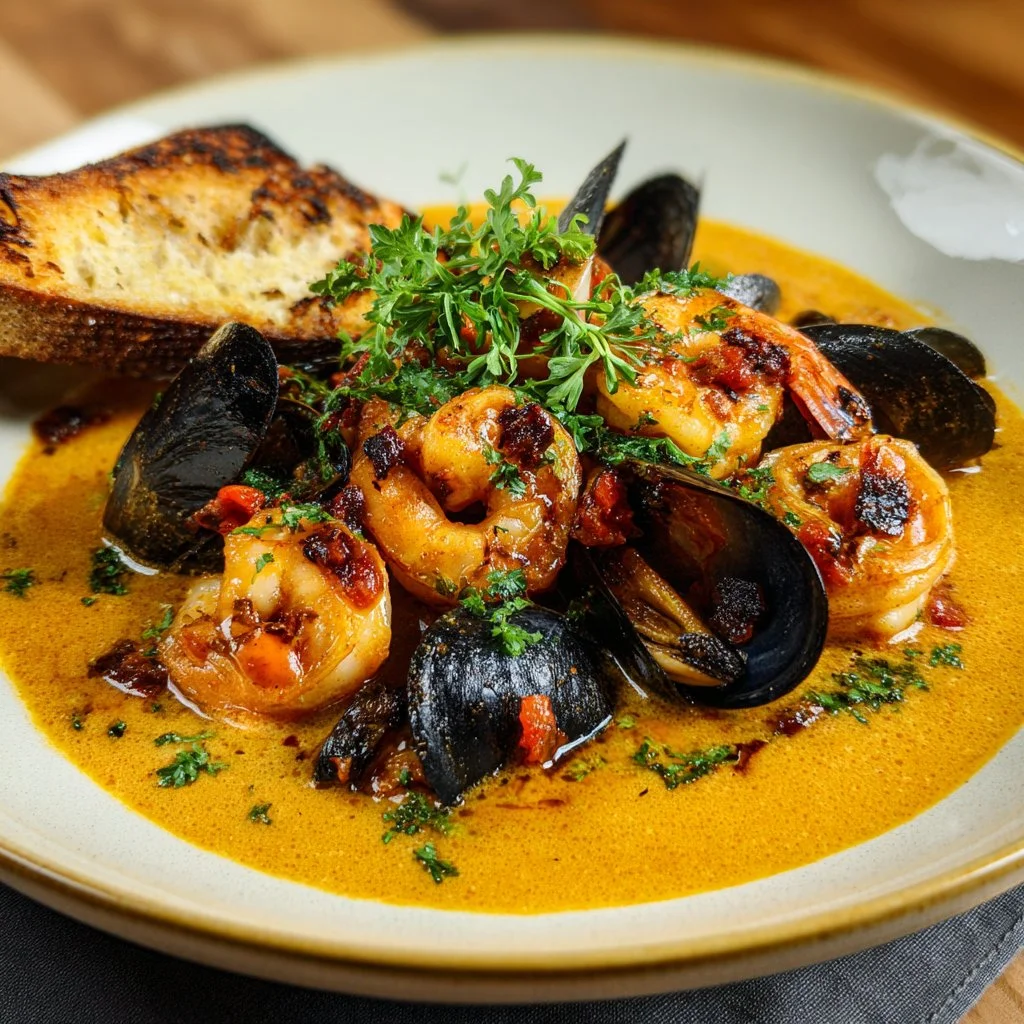 Shrimp and mussels in creamy garlic sauce served on a plate