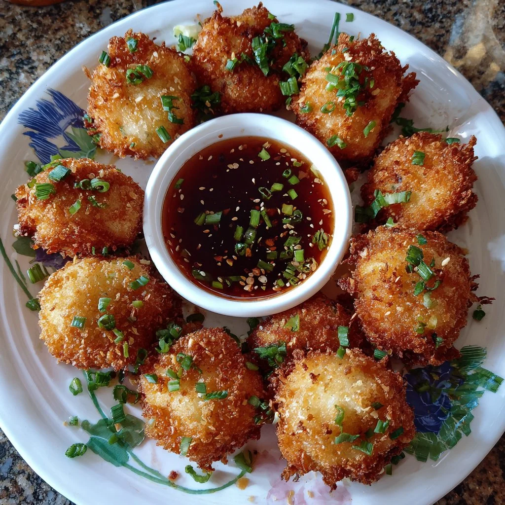 Delicious homemade shrimp balls served on a platter with dipping sauce