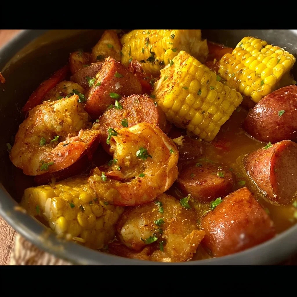 A delicious shrimp boil featuring shrimp, potatoes, and corn served in a large pot.