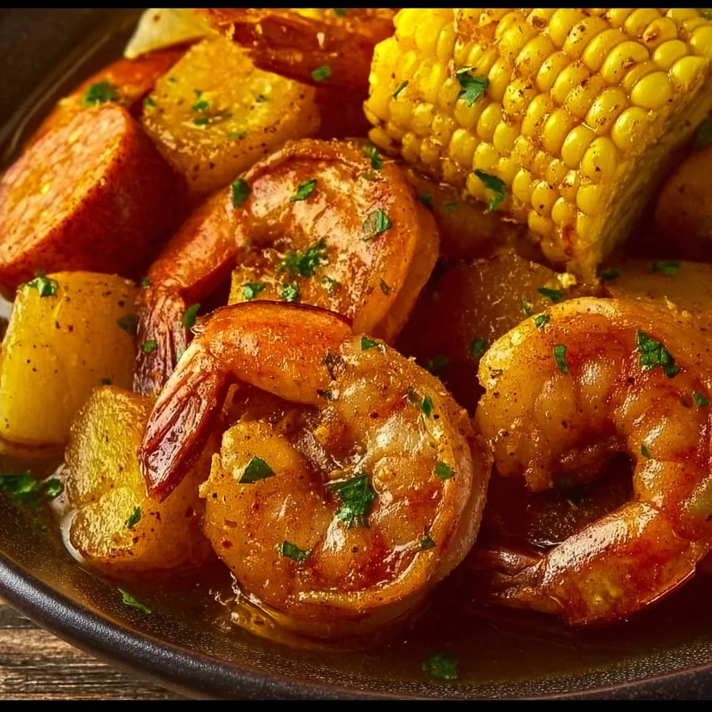 Delicious shrimp boil with spices, corn, and potatoes on a table.