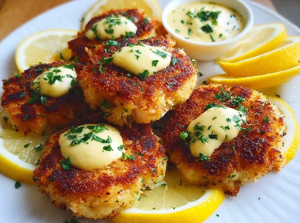 Shrimp cakes with a side of lemon aioli sauce on a plate