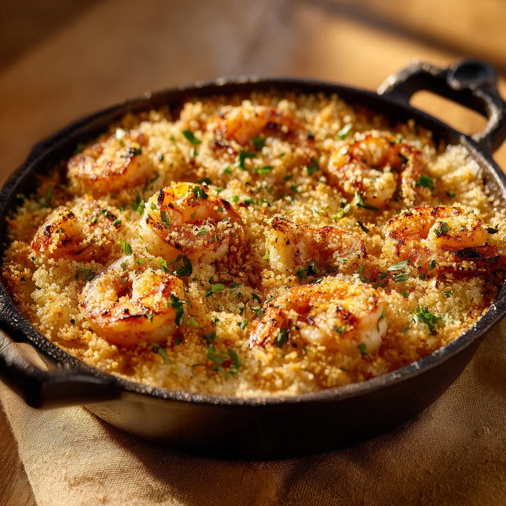 Delicious shrimp casserole fresh from the oven with a golden crisp topping
