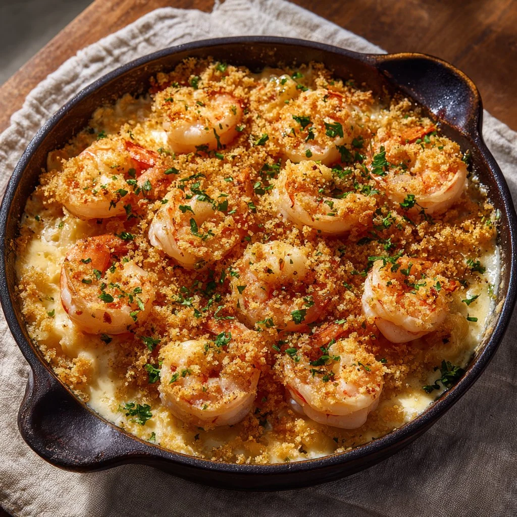 Creamy shrimp casserole in a baking dish, topped with breadcrumbs and herbs