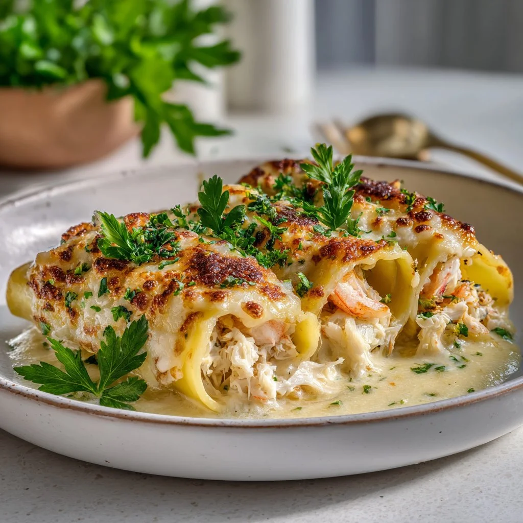 Shrimp Crab Alfredo Lasagna Roll-Ups with creamy sauce and seafood filling