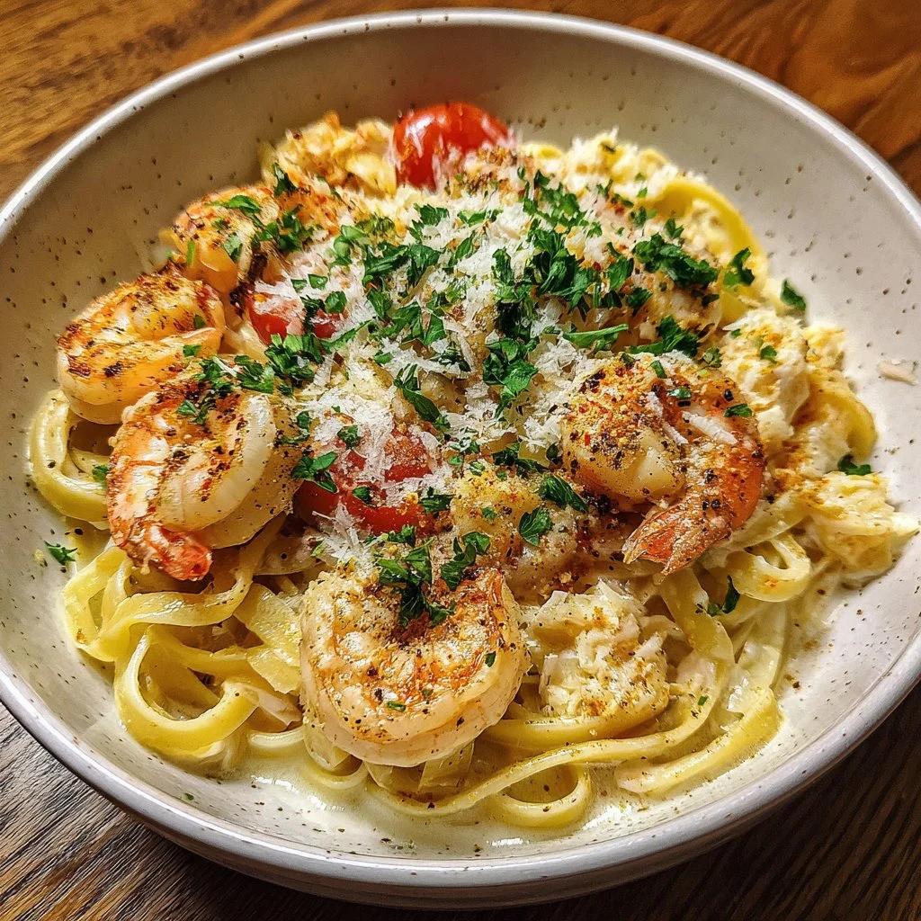 Shrimp Crab Pasta with Creamy Cajun Sauce garnished with herbs