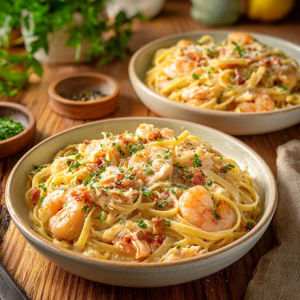 Plate of Shrimp Crab Pasta with Creamy Cajun Sauce topped with herbs