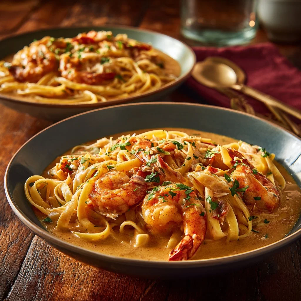 Delicious shrimp crab pasta served with creamy Cajun sauce.