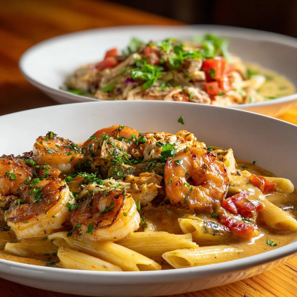 Delicious shrimp and crab pasta with creamy Cajun sauce served in a bowl.